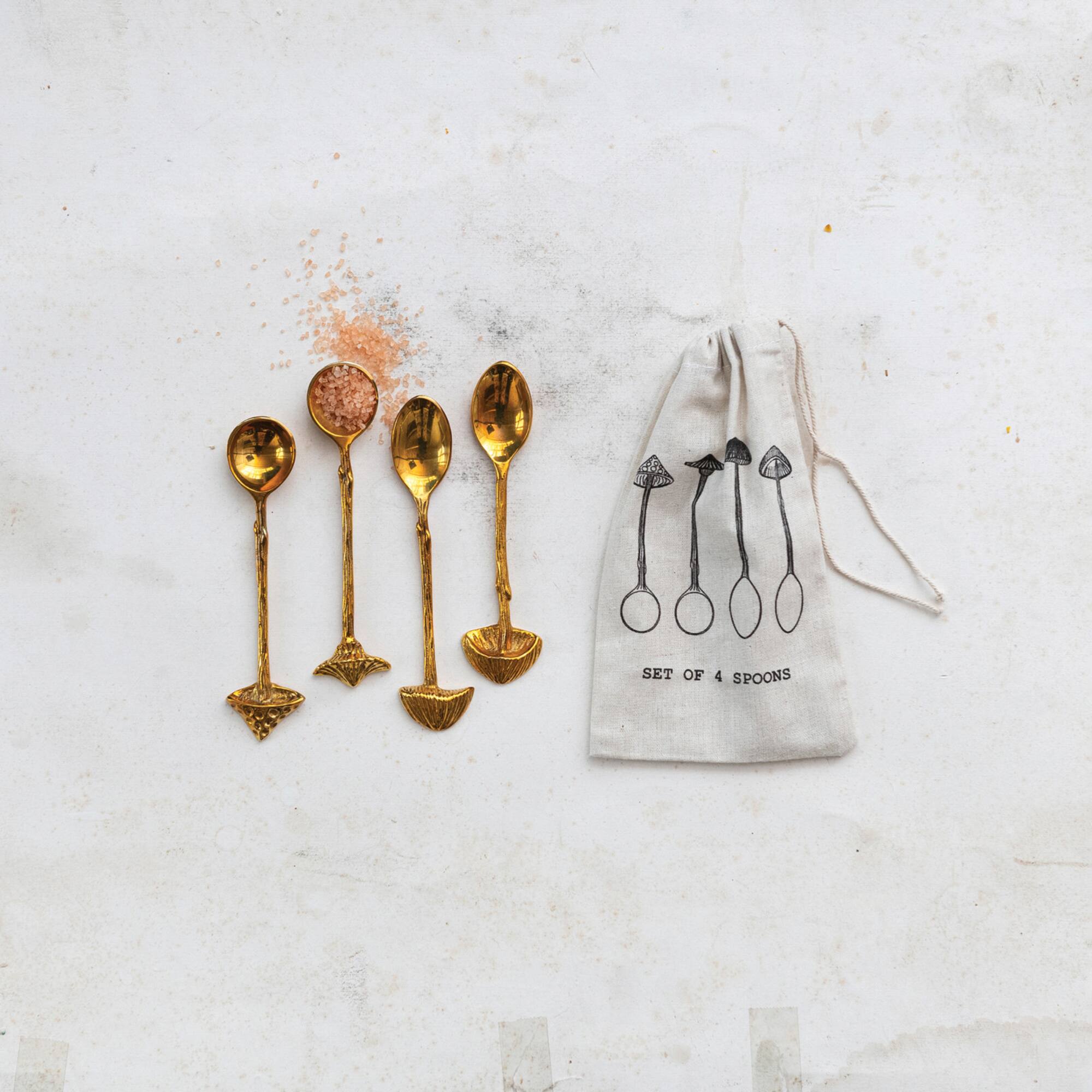 Hello Honey 4-Piece Brass Spoons with Mushroom Handles, Gold